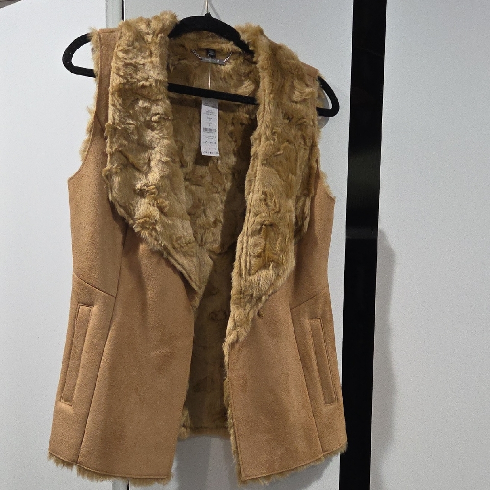 White House Black Market Camel Faux Fur Vest